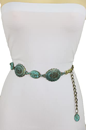 Women Wide Bohemian Fashion Belt Hip High Waist Antique Gold Metal Turquoise Charms S M3