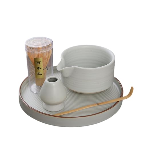 XVVX抹茶ボウル和風茶会水注ぎ口日本茶筌竹抹茶ブラシツール流用注ぎ口茶セットセラミックプレート茶道アクセサリー (月白口付抹茶椀 4点セット+皿)
