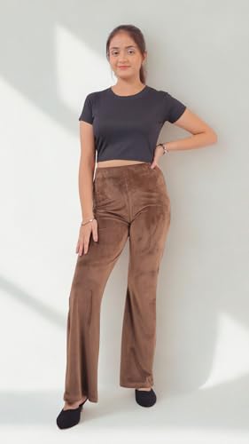 Image of Pink Shell Women's High Waist Bell Bottom Pants in Velvet
