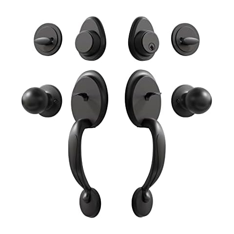 PexFix Front Door Handle Set Matte Black Double Door Lock Set Double Door Handle Sets with Dummy, with Single Cylinder Deadbolt and Door Knob, Reversible for Right & Left Handed Doors Cover