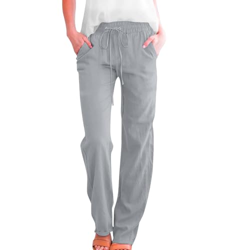 Pantalones de lino para mujer, pantalones de verano de pierna ancha, cintura elástica, cintura alta, pantalones casuales de playa, pantalones de mezclilla para mujer, gris, XXL