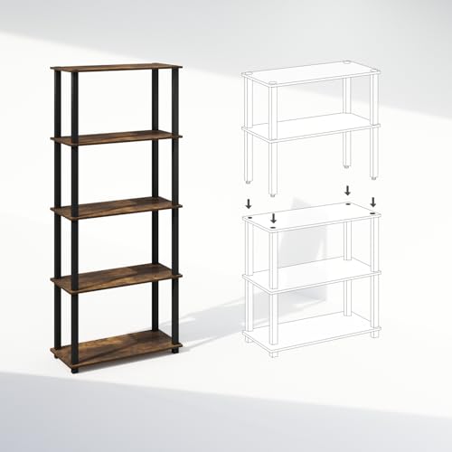 Image of Furinno Turn-S-Tube Storage Shelves Set of 2, 3-Tier Book Shelf, Corner Shelf, Toolless Open Shelves, Square Tubes, for Organization and Storage, Living Room, Garage, Home Office, Amber Pine