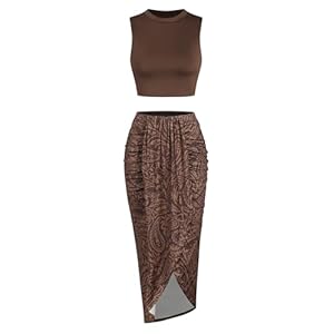 ZAFUL Women’s Casual Sleeveless Summer Two Piece Outfits Crop Top and Side Split Draped Ruched Maxi Skirt Set Solid Suiting