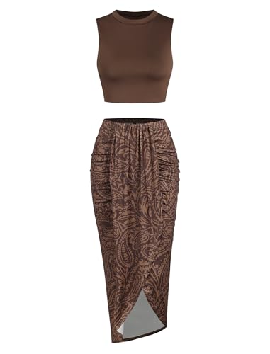 Image of ZAFUL Women's Casual Sleeveless Summer Two Piece Outfits Crop Top and Side Split Draped Ruched Maxi Skirt Set Solid Suiting