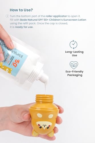 Image of Bade Natural Refillable Cat-Shaped Sunscreen Applicator for Kids - 3.7 fl oz (110 ml) Roll-On Bottle - Empty, Reusable Dispenser for SPF Lotion - Soft Applicator Tip, Travel-Friendly