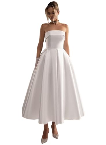 NIQIANZU Satin Wedding Dresses for Bride Tea Length Strapless A-line