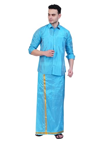 Image of PRAKASAM COTTON-Mens Art Silk Wedding Set /Art Silk 8 Mulam (8-Yard) Dhoti and Stitched Shirt for mens