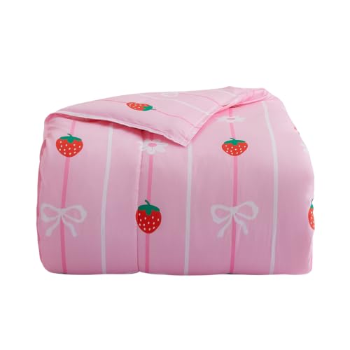 Image of Yibeizi Pink Strawberry Comforter Set for Girls Twin Bow Striped Bedding