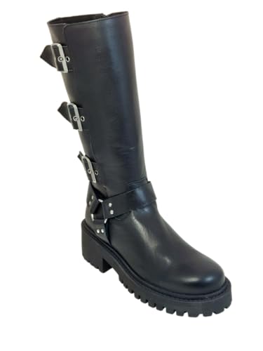 Bota Motera Alta Mujer Tipo Biker Piel Cuero vacuno. Hechas en España. Hebillas y Anilla. Cremallera Lateral (Negro, Caña Media, Sistema tallas calzado EU, Adulto, Mujer, Números, mediano, 38)