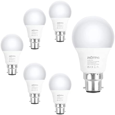 ROTTYI B22 Bayonet Light Bulbs 60W Equivalent, Cool White 6500K Daylight Bulbs, 8W 880LM LED Bulb, BC A60 GLS Energy Saving Lightbulbs, Classic Shape Non-dimmable, Pack of 6 Cover