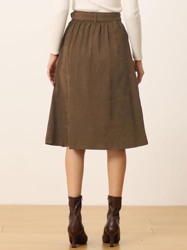 Allegra K A22052000UX0836 Women'S High Waist Button Front A-Line Belted Corduroy Midi Skirt Medium Coffee thumb #3