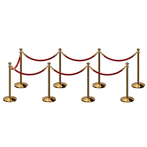CCW Post and Rope Stanchion Kit with 8 Polished Brass Ball Top Posts and 7 Red Hanging Velvet Foam Core Ropes (6ft. Each) in Polished Brass Snap Ends