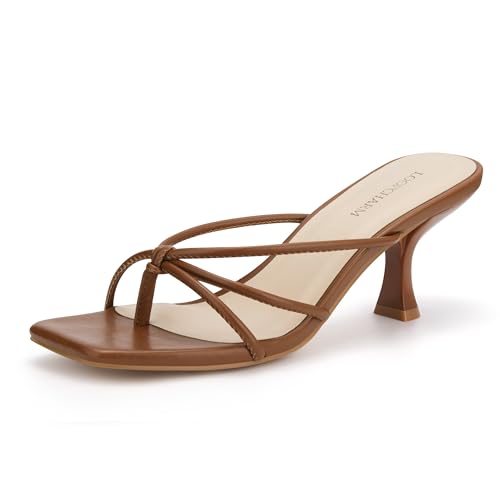 Image of Women's Strappy Square Open Toe Kitten Heel Thong Sandals Slip On Mule Style Dressy Summer Heels