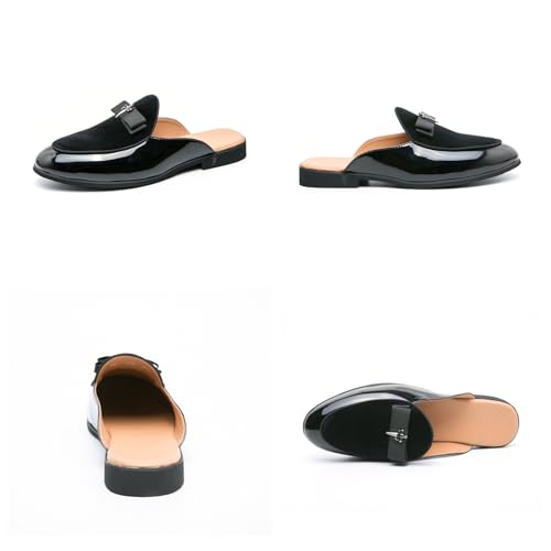 Men's Bowtie Patent Leather Slip-On Mules Slippers,Flats Stylish Formal Backless Loafers Work Slides Casual Half Loafers Sandals4