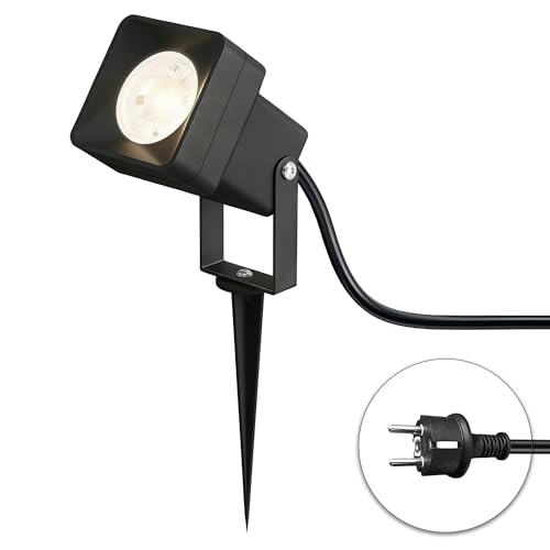 JNR Gartenstrahler LED Außen IP65 Wasserdichte, Aluminium Gartenleuchten mit Strom 5W GU10 3000K Warmweiß Glühbirne, 2m Kabel mit Stecker Gartenbeleuchtung mit Strom, Schwarz