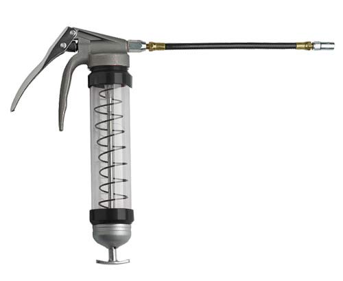 SAE ProductsPistol Grip Clear Barrel Grease Gun with Color End Caps and 12" Flexible Hose (Black)-Video