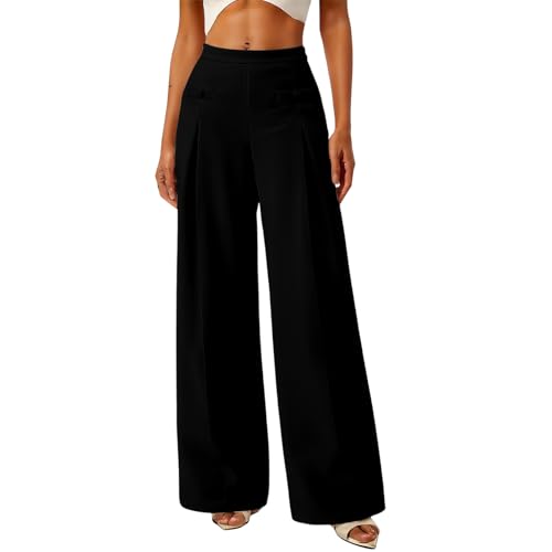 Pantalones de Chandal Pantalones Casuales de Cintura Alta y Pierna Ancha Tejido Elástico con Bolsillos Cómodos Palazzo para Mujer (Black, S)