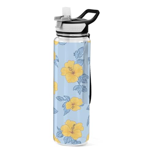 OWFKAY Botella de agua de 907.2 g con pajita, Tritan sin BPA, patrón de flores de hibisco amarillo, botella de agua deportiva con asa de transporte, a prueba de fugas, perfecta para viajes, escuela