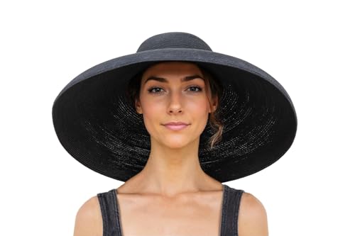 Hudiefly Black Dramatic Wide Brim Straw Hat for Women Audrey-Inspired Oversized Fit Fully Round Brim Hard Structured (Not Floppy) Beach Style