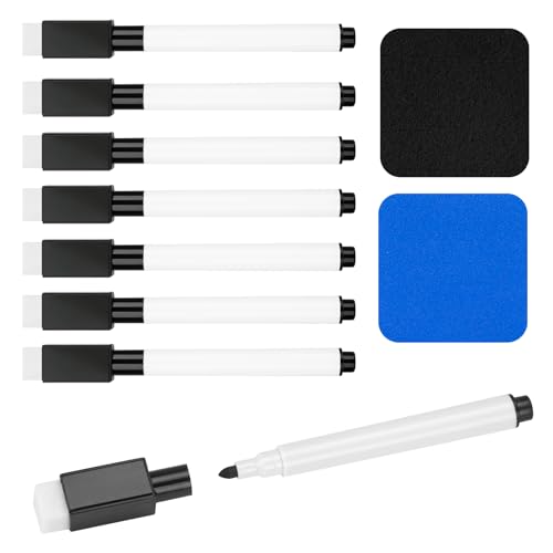 JEFURE 8 Pcs Black Magnetic Dry Erase Markers with Eraser, White Board Mini Dry Erase Markers with Eraser Cap, Fine Point Tip Student White Board Markers for Teachers Office School Supplies