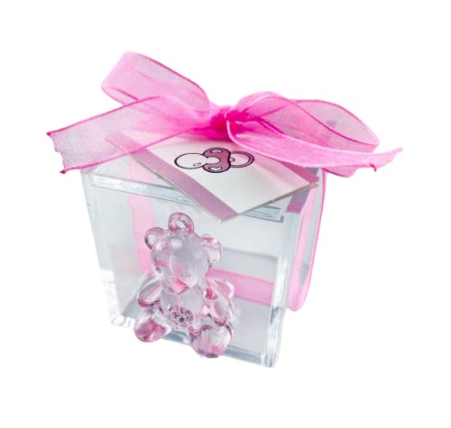 CREATI’L Les 25 Oursons Boîtes à Dragées ou Confiseries Cubes Bonbonnière Ballotin Baptême Fille + Ruban + 25 Etiquettes Cadeau de Naissance invités Baby Shower Cérémonie Fête Enfants