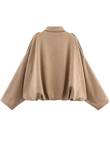 Women's Suede Bomber Jackets Casual Overasized Batwing Sleeve Pleated Elastic Hem Coats Streetwear(Khaki-S)2
