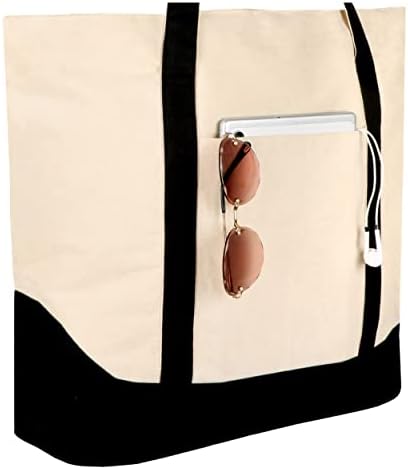 b4bags Large Canvas Tote Bag with Zipper & Pockets | BEACH BAG Foldable Travel Bag for Women Men | Reusable Grocery Bags Canvas Utility Tote Heavy Duty Work Tote Bags Extra Large Capacity Carry On Bag