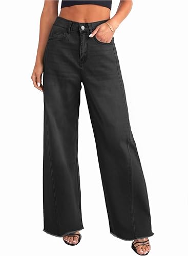 Women's Wide Leg Jeans Baggy High Waist Boyfriends Strechy Raw Hem Denim Pants