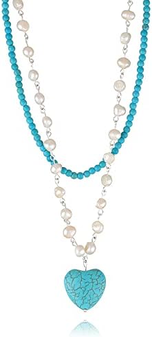 Pearl Turquoise Jewelry 2 Strands Necklace, White Freshwater Cultured Baroque Pearl Turquoise Beaded Necklace, Ethnic Layered Women Necklace, Turquoise Heart Pendant Necklace for Women