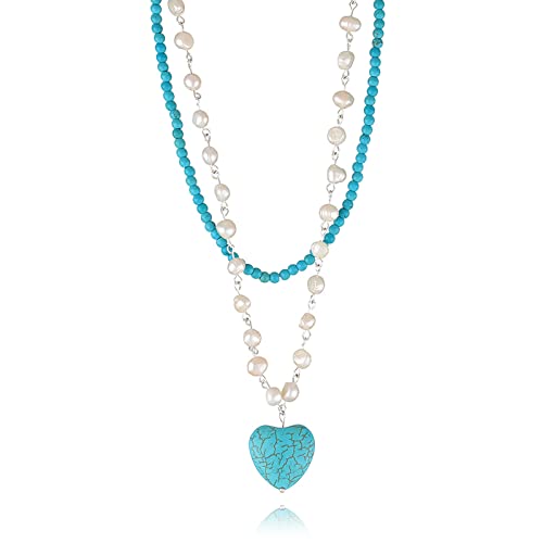 Pearl Turquoise Jewelry 2 Strands Necklace, White Freshwater Cultured Baroque Pearl Turquoise Beaded Necklace, Ethnic Layered Women Necklace, Turquoise Heart Pendant Necklace For Women #TOP2