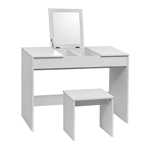 WOLTU Juego Tocador de Maquillaje con Taburete y Espejo Plegable, Mesa Maquillaje de Madera de Alto Brillo, 100x45x76cm, Escritorio Tocador Moderno para Dormitorio, Blanco MB6047ws