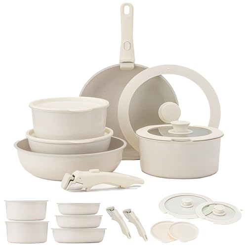 Gourmetific Cookware Set, 9/11/15 Piece Nonstick Maifan Cookwares Sets, with Detachable Handle, Oven Safe, Super Easily Clean (White,9-Piece Set)