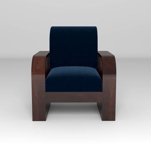 Image of Solid Sheesham Wooden 6 Seater Sofa Set with Coffee Table with Blue Cushion for Living Room Furniture - Walnut Finish (3+2+1)