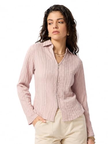 Image of The Souled Store Zipper Shirt: Women and Girls Full Sleeves Round Neck Textured Viscose Blend Slim Fit Lightweight Breathable Smart Casual Shirt for Everyday Summer Wear