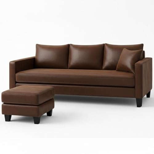 Image of FURNY Conva 4 Seater L Shape Sofa Set with Movable Ottoman | Flexible Left or Right Layout | Premium Leatherette Upholstery (Dark Brown) | Perfect for Living Room, Guest Room & Office