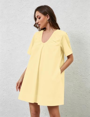 Image of Women Summer Sleeveless Babydoll Mini Dress Scoop Neck Loose Fit Tank Dresses Party Ruched Short Dress with Pockets