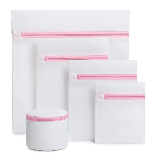 Kit 5 Sacos de Lavar Roupas Delicadas Máquina de Lavar Roupa Cinco Tamanhos Diferentes com Cestinho Proteção para Lingeries Peças Finas Fechamento com Zíper Organizador e Protetor
