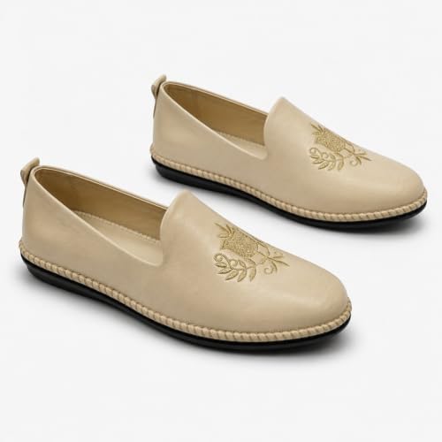Image of Punjabi Mojaris Mens Shoes Cream Wedding for Groom,Traditional Indian Footwear Ethnic Peshawari Slippers