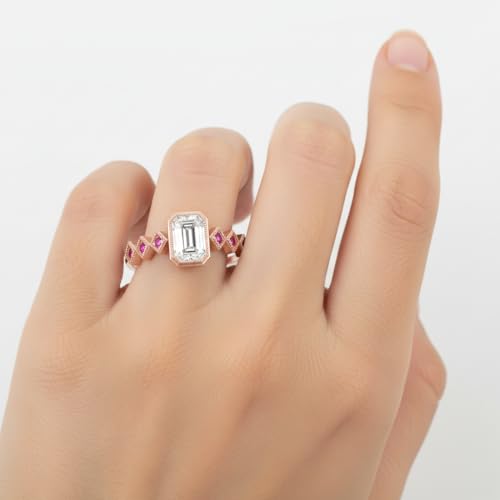 Image of Choose Your Gemstone Bezel Set Emerald Accented Diamond CZ Ring Rose Gold Plated Emerald Shape Side Stone Engagement Rings for Women, Girls and Ladies US Size 4 to 12