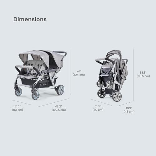 Image of Familidoo H4E Quad Stroller Wagon for Kids, 4-Seater Daycare Baby Stroller with 5-Point Safety Harness, Lightweight & Foldable with All Reclining Seats, Double Canopy & Rain Cover (Gray)