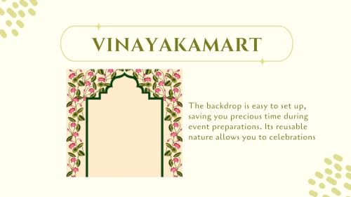 Image of Lakshmi puja Backdrop | Light Cream Traditional Backdrop with a Central Green Archway Frame and Pink Lotus Garden Borders 8x8 Feet | Background Decoration Cloth | Pooja pichwai Backdrop