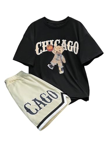 Boy's 2 Piece Athletic Set Cute Short Sleeve Graphic Tees & Basketball Shorts Casual Outfits