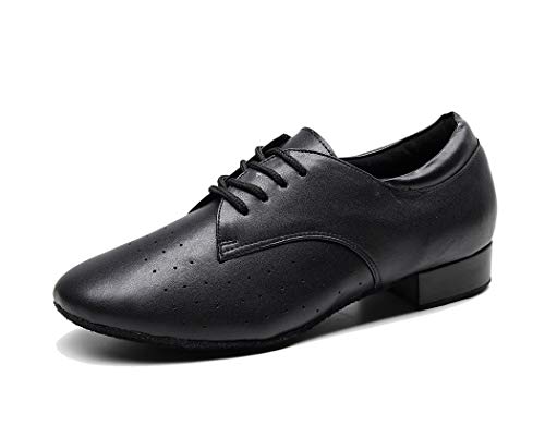 TDA Men's Standard Low Heels Closed Toe Breather Soft Outsole Black Leather Salsa Tango Modern Dancing Praty Shoes 6 M US