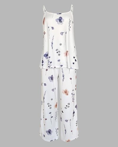 CHICME Womens Pajamas Set 2 Piece Adjustable Strap Tank Pj Set Loose Printed Pants Sleepwear Lounge Set Floral White-M