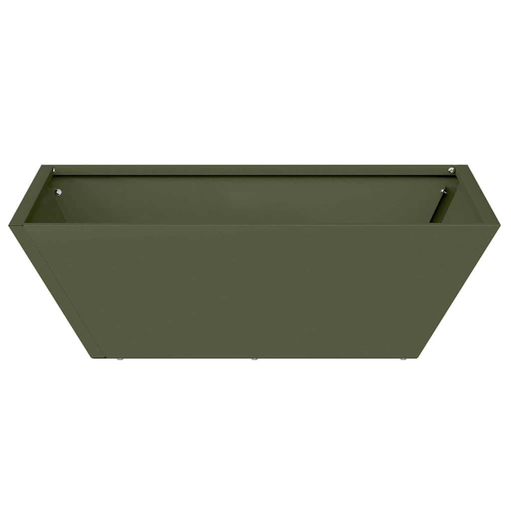 Oliwkowy metalowy pojemnik na rośliny, 50 x 50 x 15 cm, z nowoczesnym, minimalistycznym designem, do ogrodu, na taras, balkon, do użytku wewnątrz lub na zewnątrz, trwała stal z spodkiem odpływowym