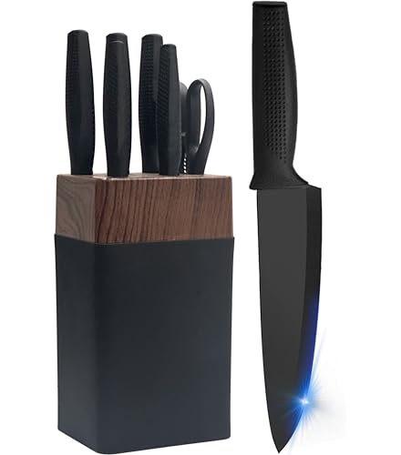 Kitchen Knife Set - 6 Pc Knives Sets with Block, Chef with Sharp Stainless Steel Steak Knivese, Bread Slicer, for Paring Knifes Cutting Meat Vegetables Fruit