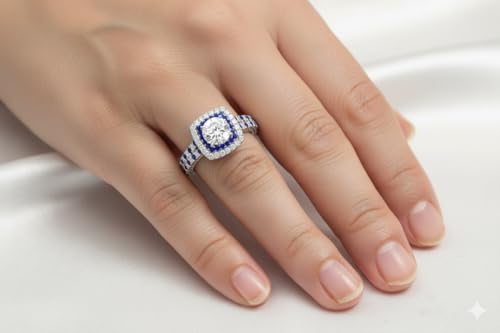 Image of 55Carat Choose Your Gemstone Double Band Square Halo Diamond CZ Ring 925 Sterling Silver Round Shape Halo Engagement Rings Everyday Jewelry Wedding Jewelry Handmade Gifts for Wife US Size 4 to 12
