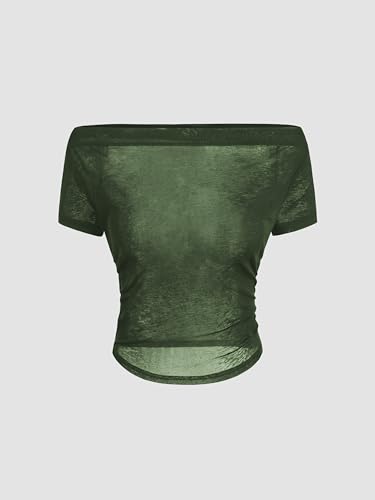 CIDER Off Shoulder Top Ruched Short Sleeve Tee Cami Knit Slim Fit Casual Going Out Boat Neck Tops3