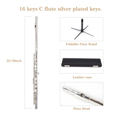 Image of YANASON C Flute Closed Hole 16 Keys Flute Silver-plated for Beginner, Adults,Student with Leather case, Metal stand, Gloves, Tuning Rod, Cleaning kit(16 Silver)
