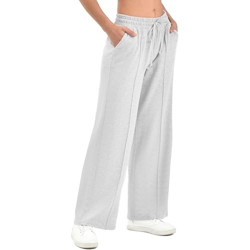 SINOPHANT Womens Wide Leg Sweatpants High Waisted Baggy Lounge Pants with Pockets Soft Stretchy Fabric Light Grey L